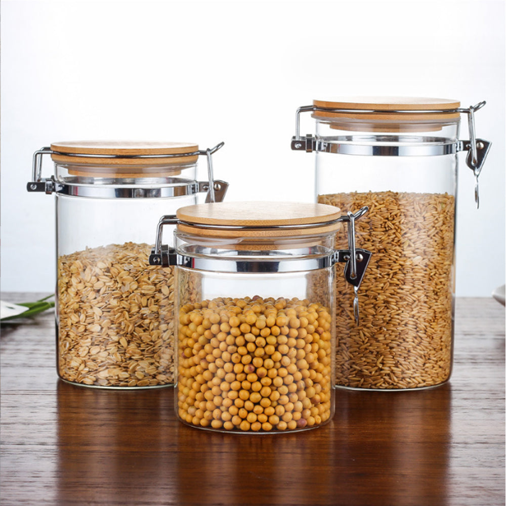 Glass Storage Jar With Clip Seal Wooden Lid